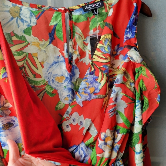 NWT Fashion Nova Orange Floral Small Long Sleeve Elastic Waist V Neck Romper - Picture 9 of 13